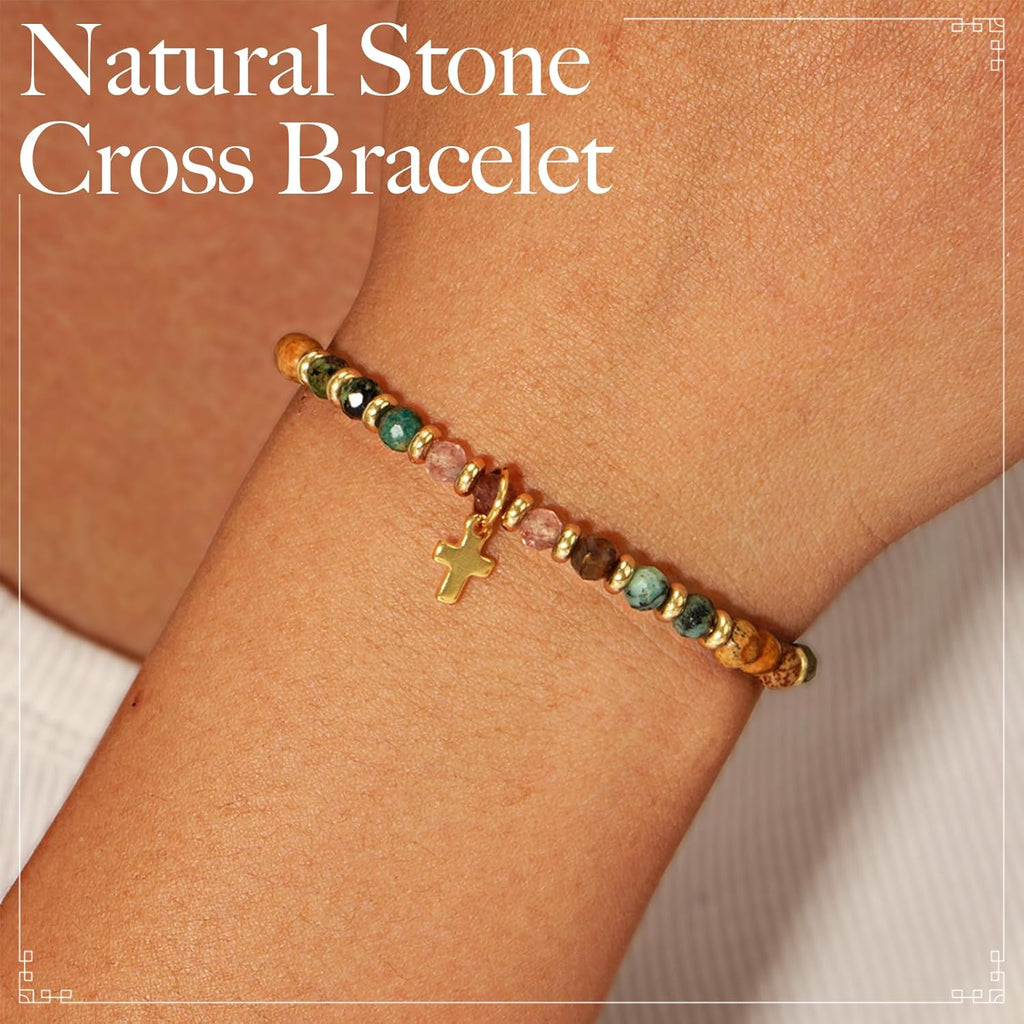 Pavolini Christian Gifts for Women, Mothers Day Gifts for Mom, Cross Bracelet, Christian Gifts, Inspirational Gifts for Women, Natural Stone Beaded Bracelets, Religious Gifts for Woman