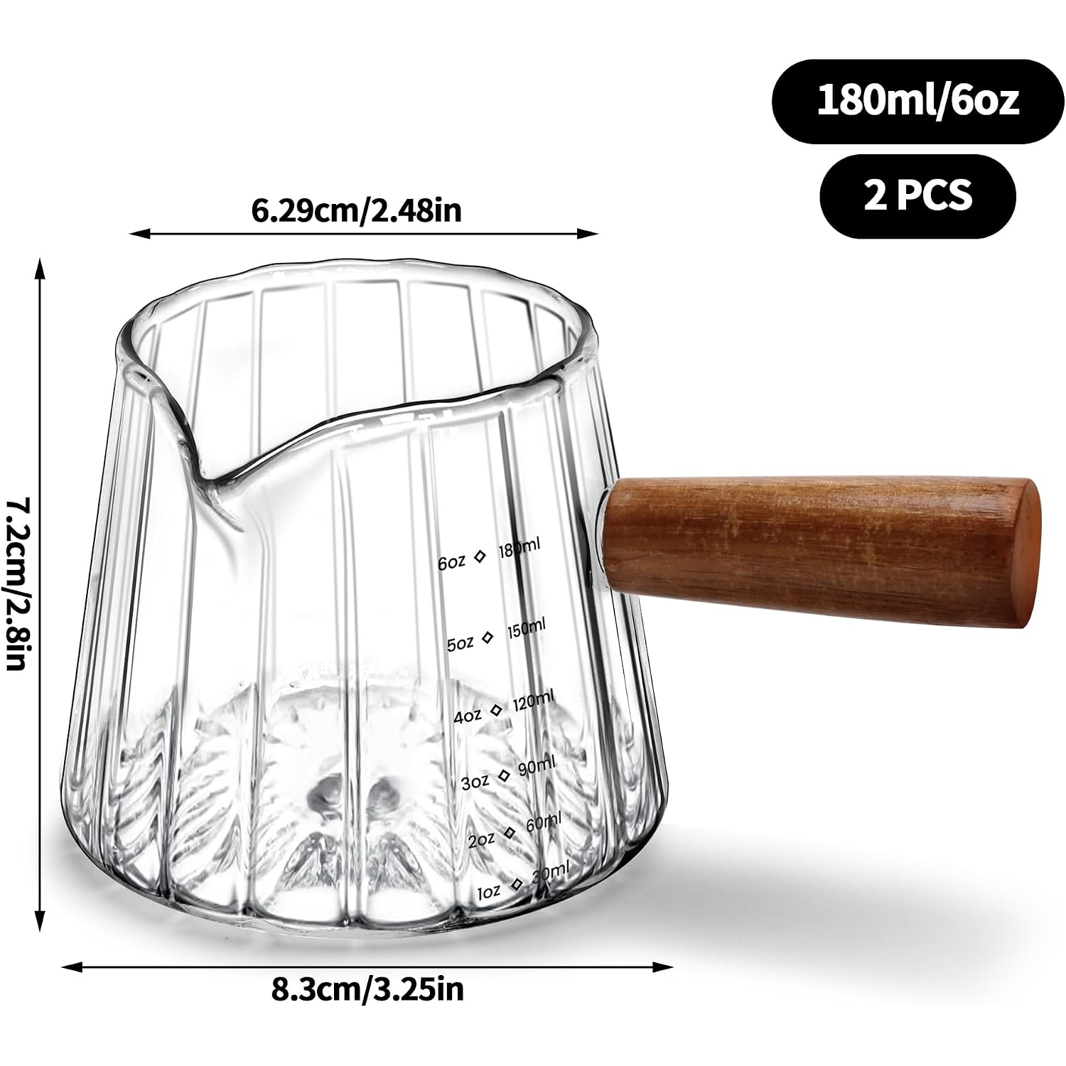 2 Pcs Espresso Measuring Cup 6 Oz, Espresso Glass Cups With Wood Handle, Milk Frothing Cup, Espresso Cup For Coffee, Milk, Tea Or Maple Syrup Serving