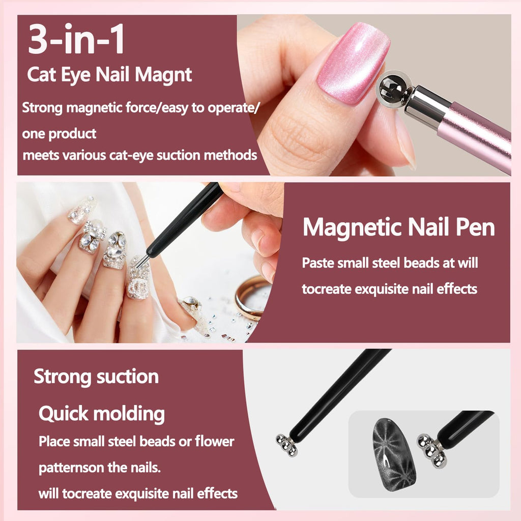 Cat Eye Magnet Nail Art Tool, Cat Eye Magnet Set for Nails, 3-in-1 Round Cat Eye Magnet with Ball Magnets, Magnetic Nail Art Pen, Perfect for Home DIY, Nail Art Design (Magnet Only, No Gel Included)