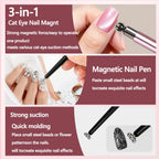Cat Eye Magnet Nail Art Tool, Cat Eye Magnet Set for Nails, 3-in-1 Round Cat Eye Magnet with Ball Magnets, Magnetic Nail Art Pen, Perfect for Home DIY, Nail Art Design (Magnet Only, No Gel Included)
