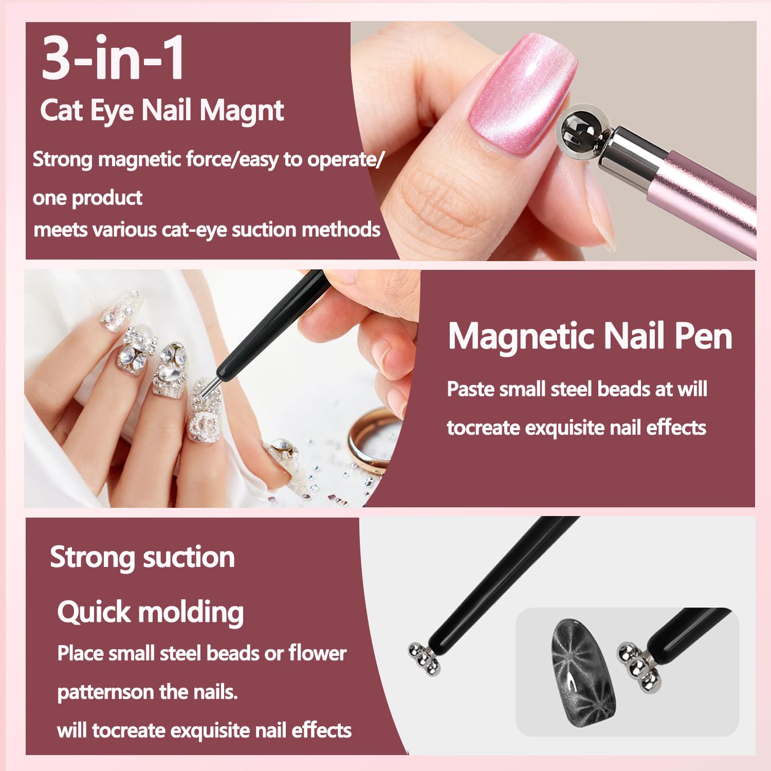 Cat Eye Magnet Nail Art Tool, Cat Eye Magnet Set for Nails, 3-in-1 Round Cat Eye Magnet with Ball Magnets, Magnetic Nail Art Pen, Perfect for Home DIY, Nail Art Design (Magnet Only, No Gel Included)