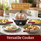 Elite Gourmet EGC-007B# Rapid Egg Cooker, 7 Easy-To-Peel, Hard, Medium, Soft Boiled Eggs, Poacher, Omelet Maker, Auto Shut-Off, Alarm, 16-Recipe Booklet, Black