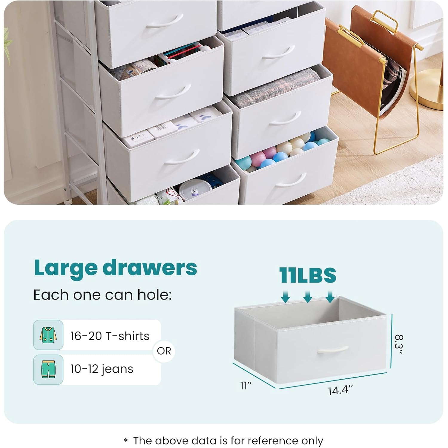 Olixis Dresser For Bedroom, 8 Storage Drawers, Tall Fabric Tower Organizer | Large Dresser For Closet, Chest Of Drawers With Metal Frame Wooden Top For Nursery, Living Room, Entryway, White