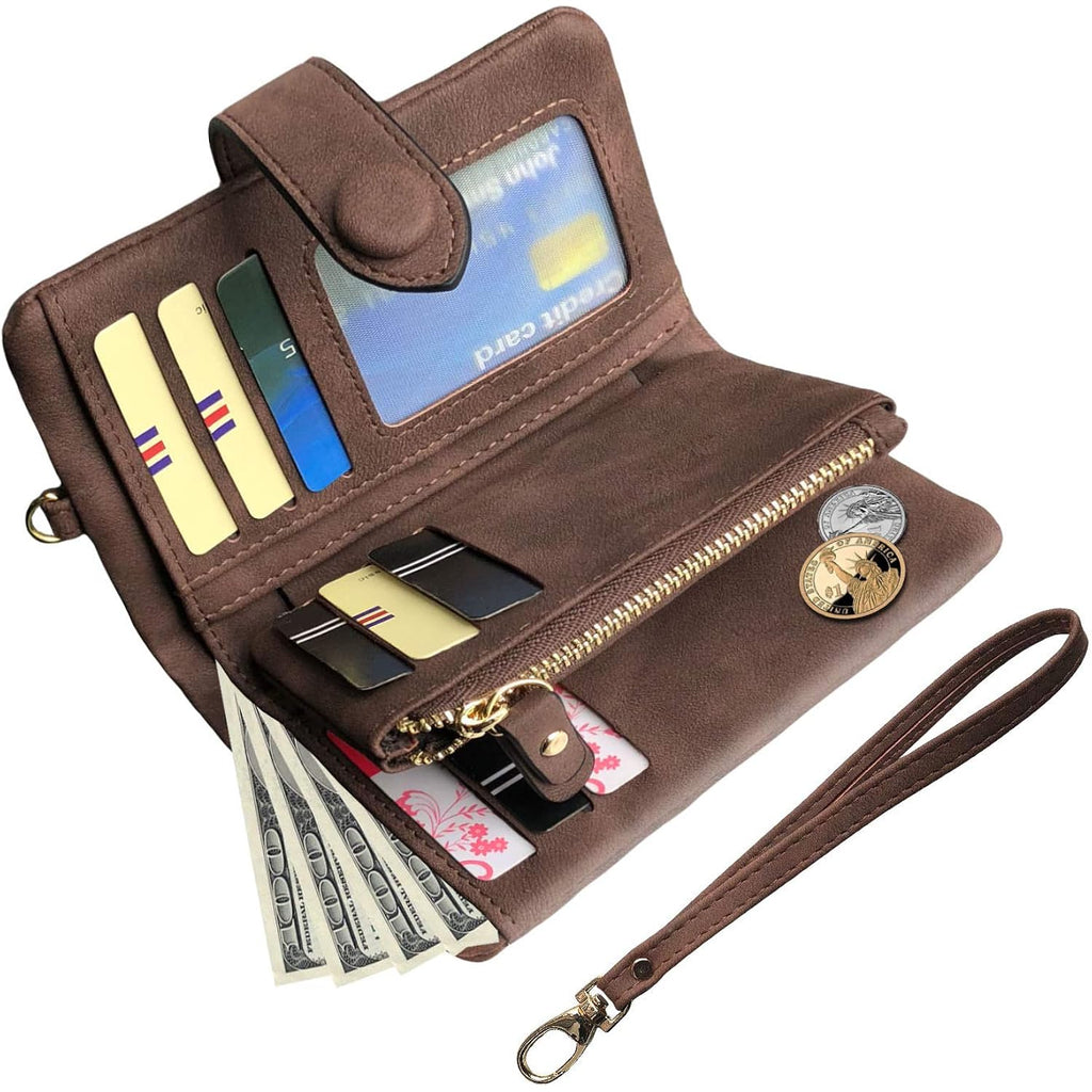 PofeeXIO Womens Small Bifold Leather Wallets RFID Ladies Wristlet with Card Slots id Window Zipper Coin Purse | Small, Bifold, RFID, Wristlet, with Card Slots, id Window