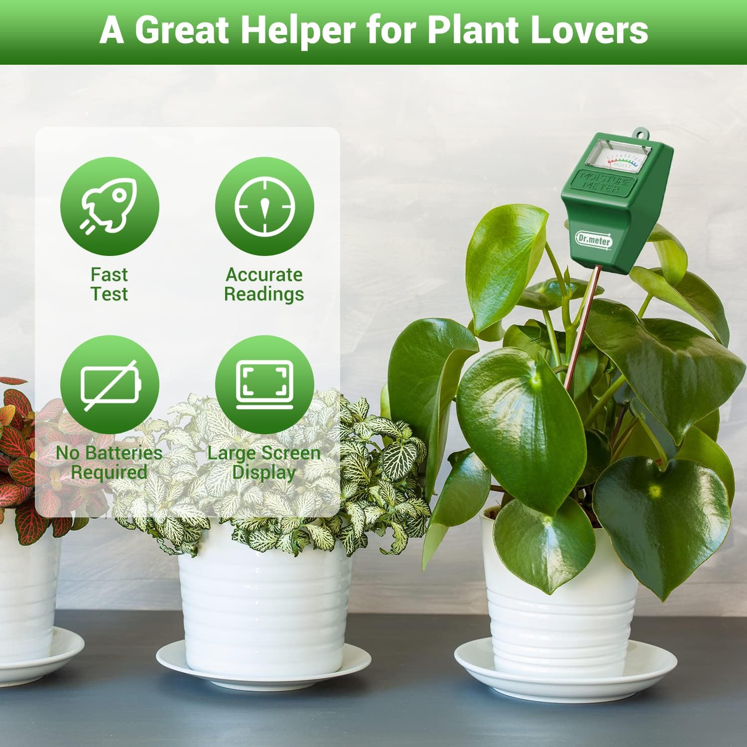 Dr.Meter Soil Moisture Meter, Plant Water Meter For Garden Lawn Farm Indoor & Outdoor Use, Soil Tester Hygrometer Sensor For House Plants, Gardening Gifts, No Battery Needed