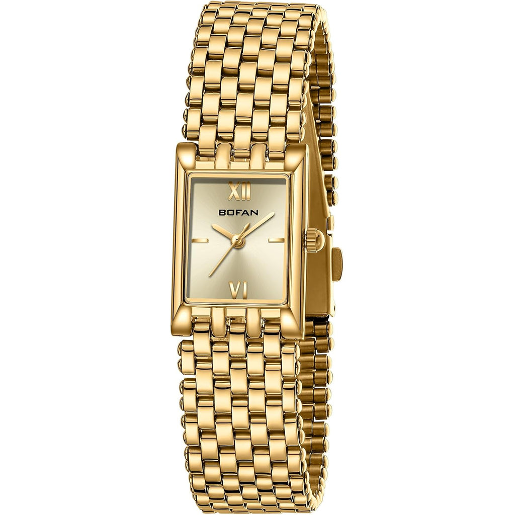 Bofan Gold Watches For Women Luxury Ladies Quartz Wrist Watch With Stainless Steel Bracelet,Waterproof,Casual Fashion Square Dial.Band Adjustment Tool Included