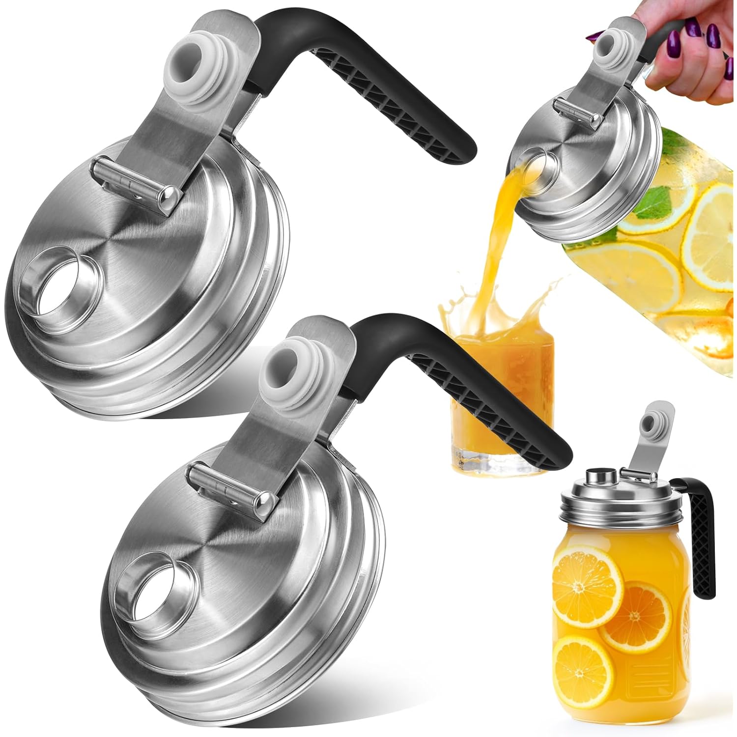Mason Jar Pour Spout Lid Stainless Steel with Handle, Wide Mouth Pour Spout Flip Cap Lids for Mason Jars, Anticracking Leak Proof Seal Cover Airtight for Drinking Salad Dressing & Food Storing(2PCS)