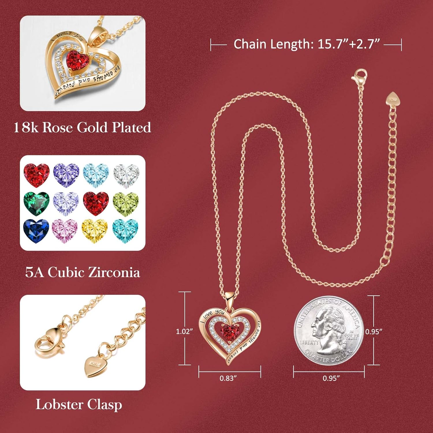 REDBEE Necklaces for Women Birthstone Heart Necklace Jewelry for Wife Girlfriend Woman Necklace