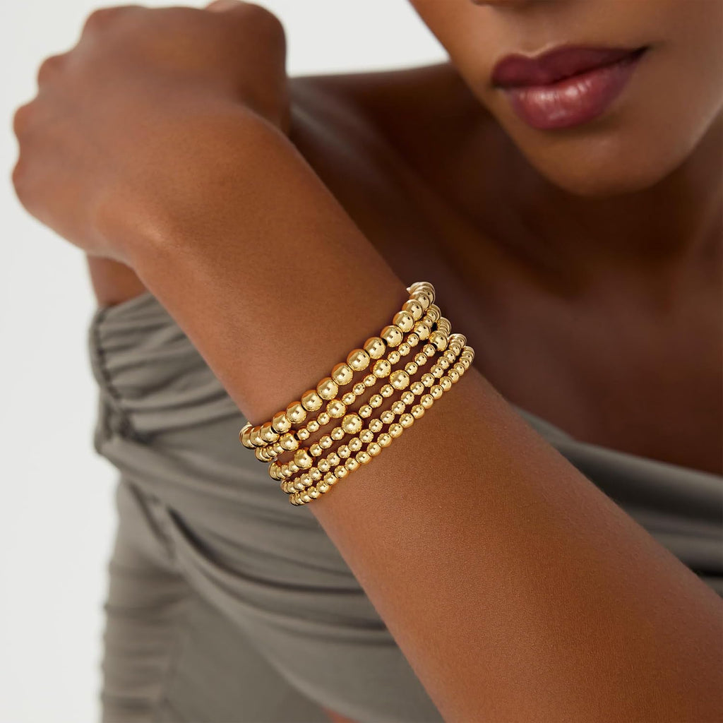 Eaciy Gold Bracelets for Women, 14K Gold Plated Beaded Bracelets Gold Strand Bead Ball Bracelet Stack Set Adjustable Bracelet Set Waterproof Jewelry for Women Gifts Non Tarnish