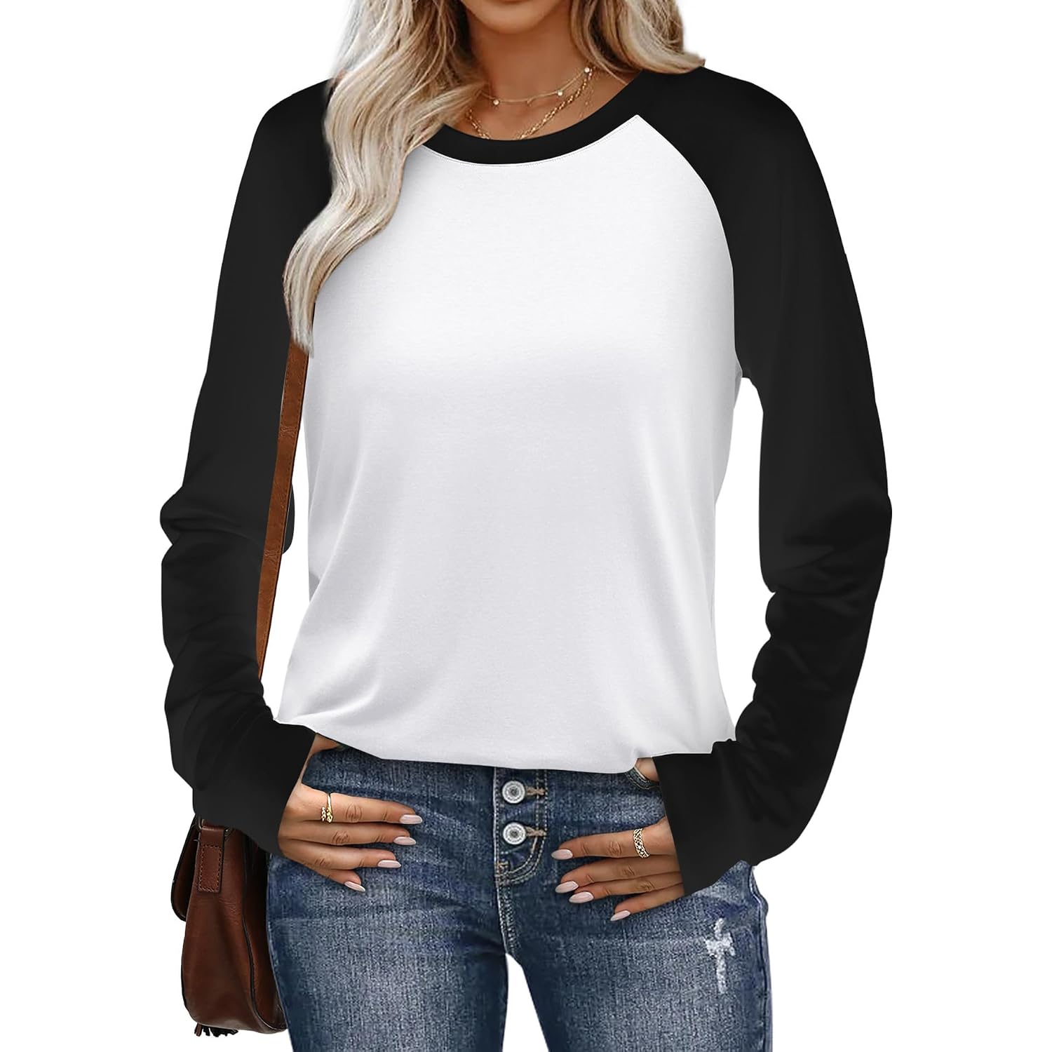 Wiholl Long Sleeve Shirts For Women Color Block Raglan Tops Casual Crewneck Basic Tees Fall Clothes 2026 Fashion