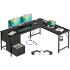 Furologee 63" L Shaped Desk With Power Outlets & Usb-C Port, Reversible Corner Computer Desk With 3 Fabric Drawers, Hooks, Large Home Office Desk For Gaming, Writing, Work, Black