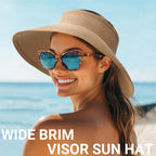 PFFY Sun Visors Hats for Women Wide Brim Straw Visor Packable Foldable Ponytail Travel Beach Hat Vacation Essentials