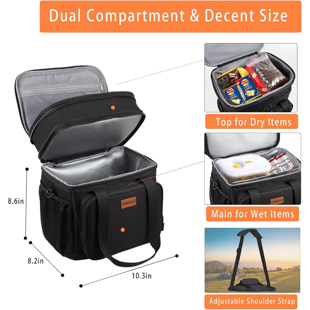 GLENKEY Expandable Lunch Box Cooler Bag - Insulated Soft Lunch Bag for Men Women - Large Lunchbox for Adults Work Camping Outdoor Travel Black 16L