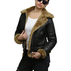 Brandslock Women'S Genuine Sheepskin Leather Flying Aviator Winter Jacket With Hood