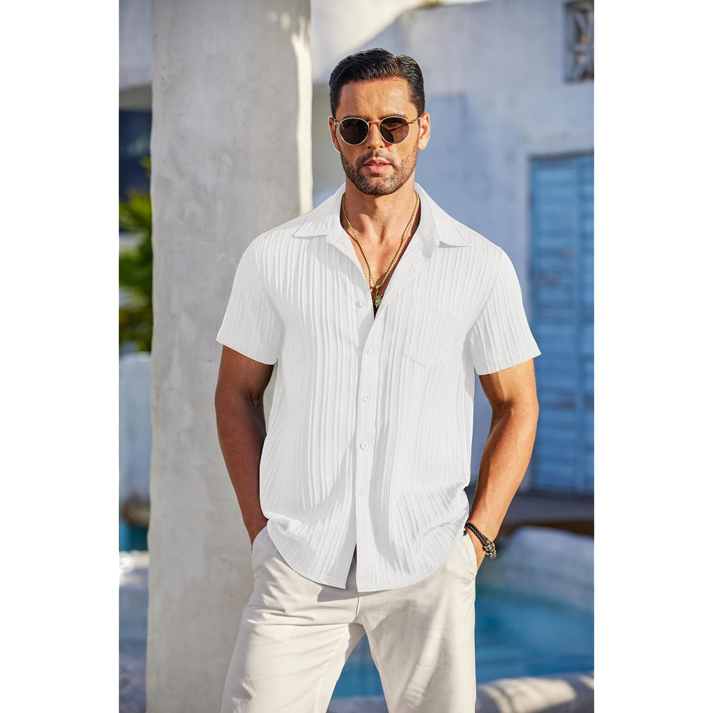 Coofandy Men'S Casual Button Down Shirts Short Sleeve Textured Summer Beach Shirt With Pocket