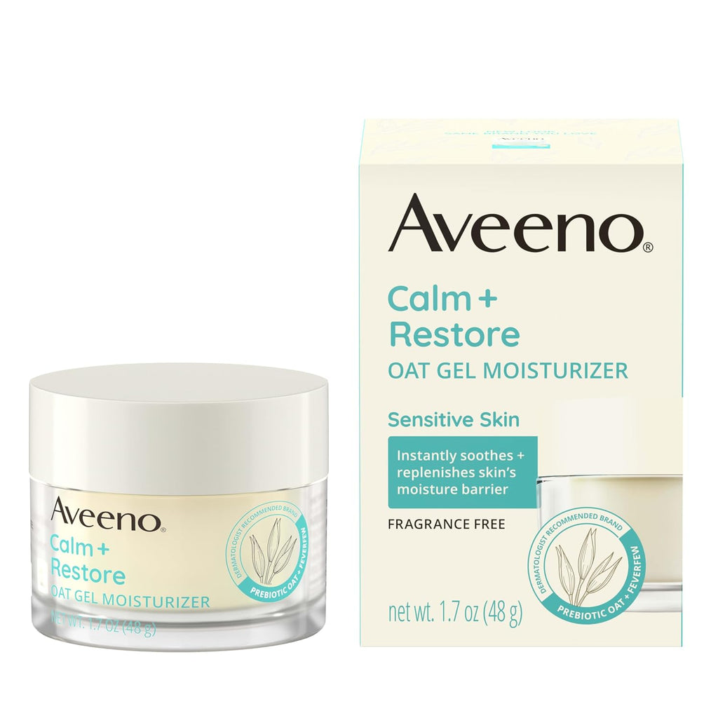 Aveeno Calm + Restore Oat Gel Face Moisturizer For Sensitive Skin, Fast-Absorbing & Lightweight Gel Moisturizer & Face Cream With Prebiotic Oat & Feverfew, Fragrance-Free & Hypoallergenic, 1.7 Fl Oz