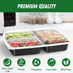 50 Pack (100-Piece) 32 Oz Meal Prep Containers Reusable With Lids 3-Compartment, To Go Take Out Plastic Food Storage Containers, Sturdy Leakproof Food Safe, Microwave Freezer Dishwasher Safe, Black