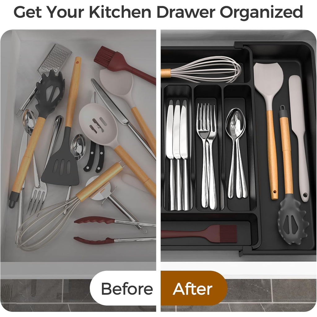 ukeetap Extra Large Expandable Silverware Organizer, BPA-Free Food-Safe Cutlery Flatware Organizer, Kitchen Utensil Drawer Organizer, Adjustable Silverware Holder for Spoons Forks Knives, Black