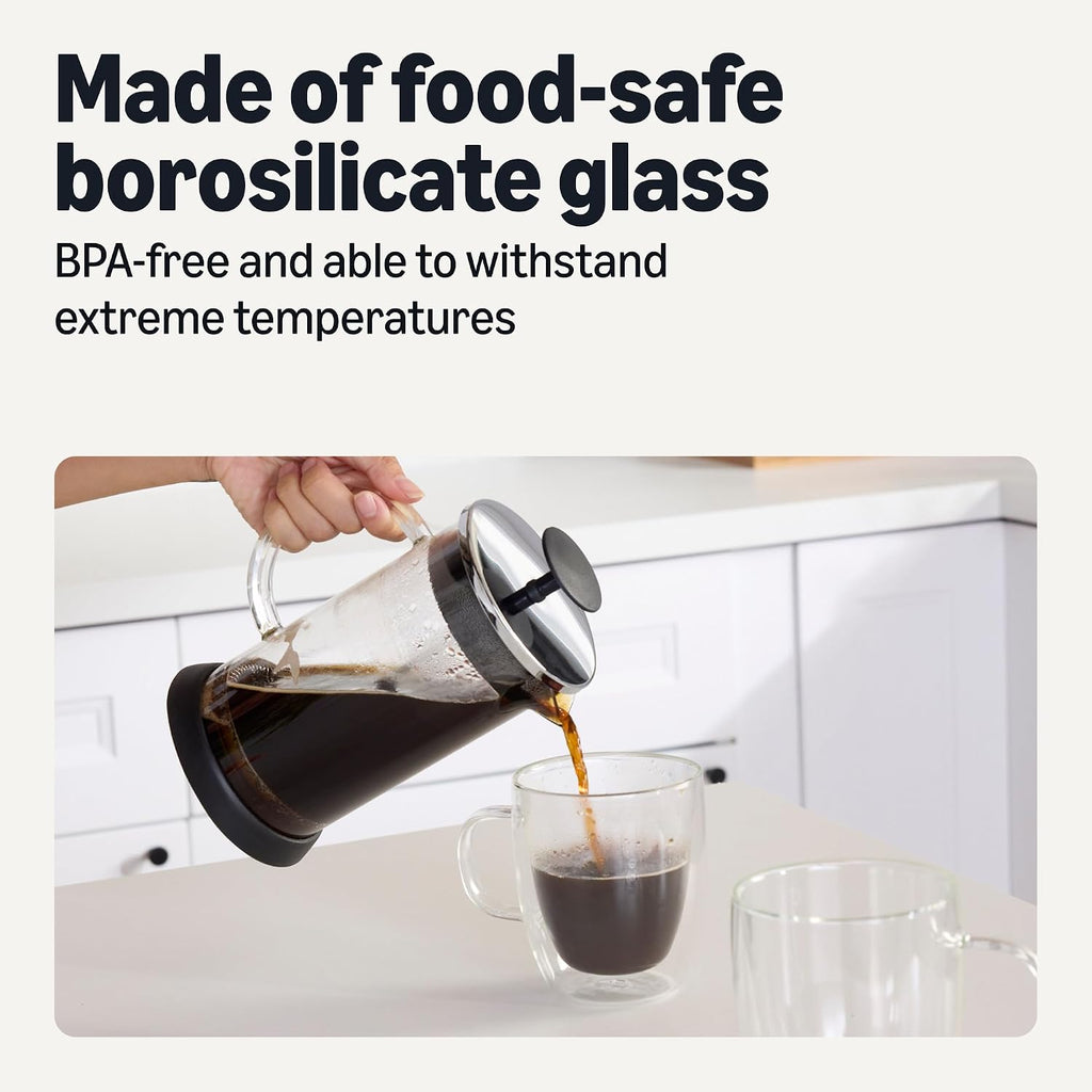Amazon Basics French Coffee Press, 34 Oz., Borosilicate Glass, Bpa-Free, Triple Filtration System, Dishwasher-Safe Parts