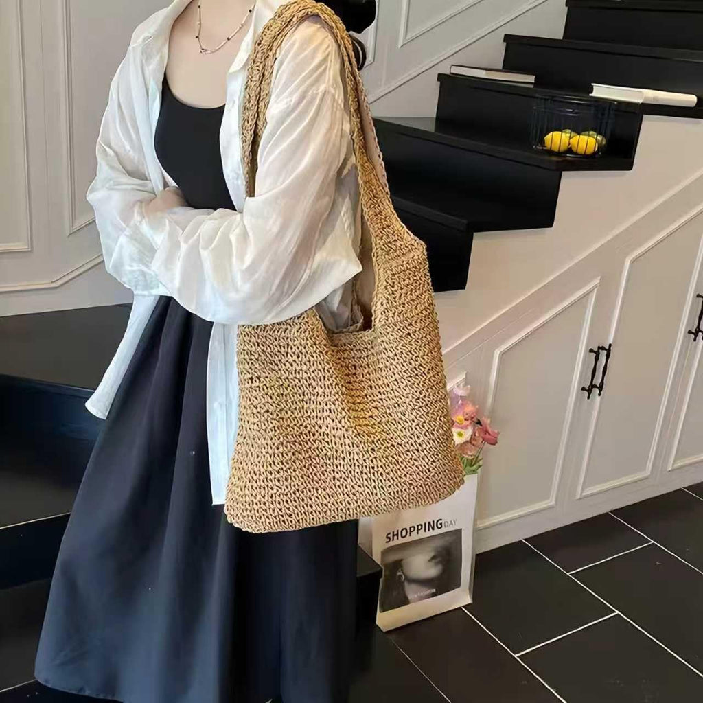 Hand-Woven Soft Large Straw Shoulder Bag Boho Straw Handle Tote Retro Summer Beach Bag Rattan Handbag