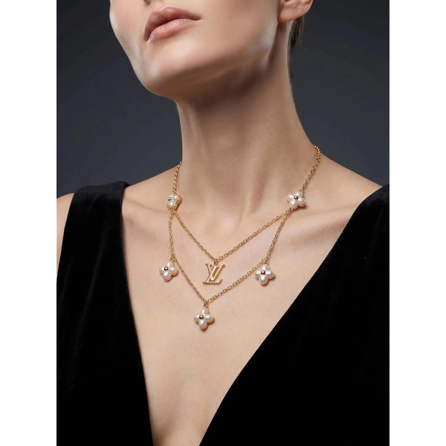 18K Gold Plated Necklace - Pearl Necklace with Luxurious Letter Design and Flower Pearl Dimensional Pendant - Layered Necklaces for Women
