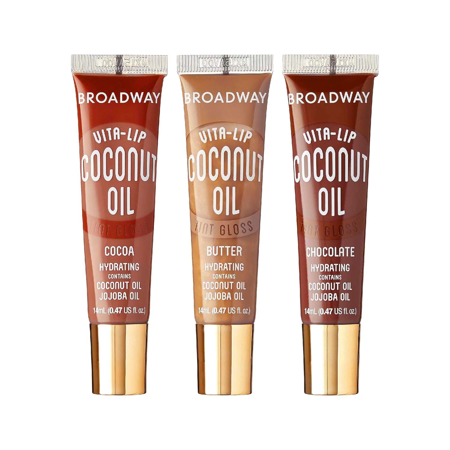 Ruby Kisses Broadway Vita-Lip Tinted Lip Gloss Set (3 Pack Cocoa, Butter, Chocolate) Ultra-Hydrating Coconut + Jojoba Oil & Soothing Formula with Vitamins, High-Shine Non-Sticky Finish Lip Balm