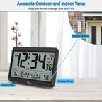 Atomic Clock With Indoor Outdoor Temperature - 8.5'' Digital Clock Battery Operated, Self-Setting, 4 Time Zones, Dst
