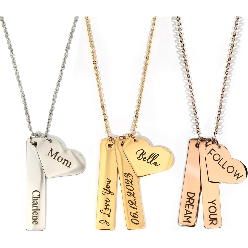 MignonandMignon Custom Name Bar Necklace with Heart Charm | Personalized Engraved Necklace for Women Gold Silver | Mom Necklace with Kids Names Mothers Day Birthday Gift