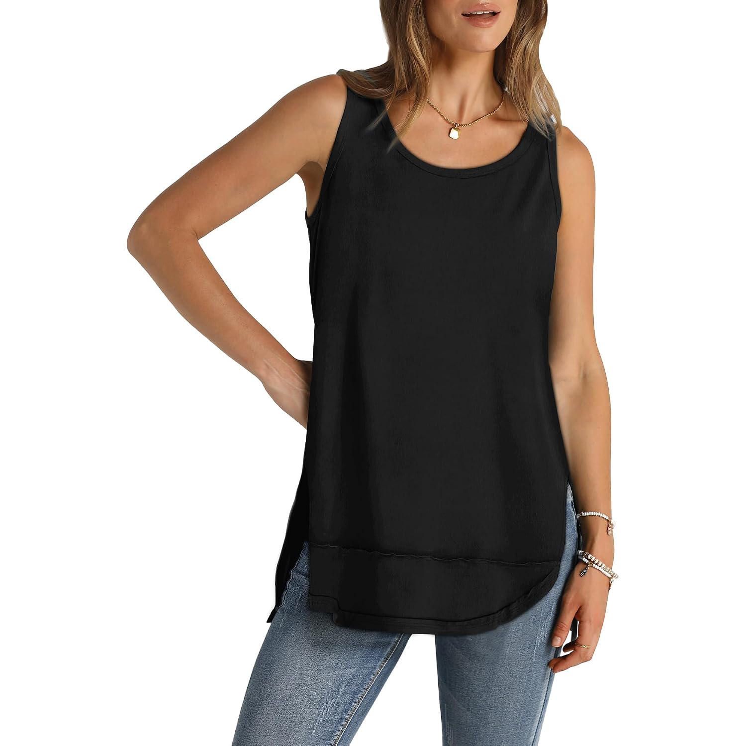 WIHOLL Loose Fit Tank Tops for Women Scoop Neck Summer Side Split Sleeveless Shirts 2026 Fashion