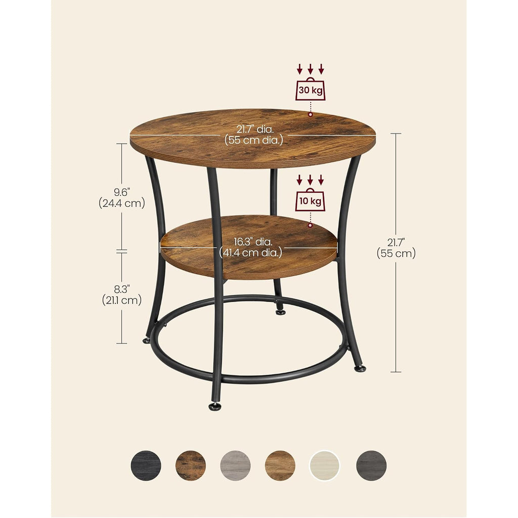 Vasagle 21.7-Inch Round Side Table, 2-Tier End Table | Nightstand With Steel Frame, Spacious Top, For Small Spaces, Living Room, Bedroom, Rustic Brown And Ink Black Ulet56Bx