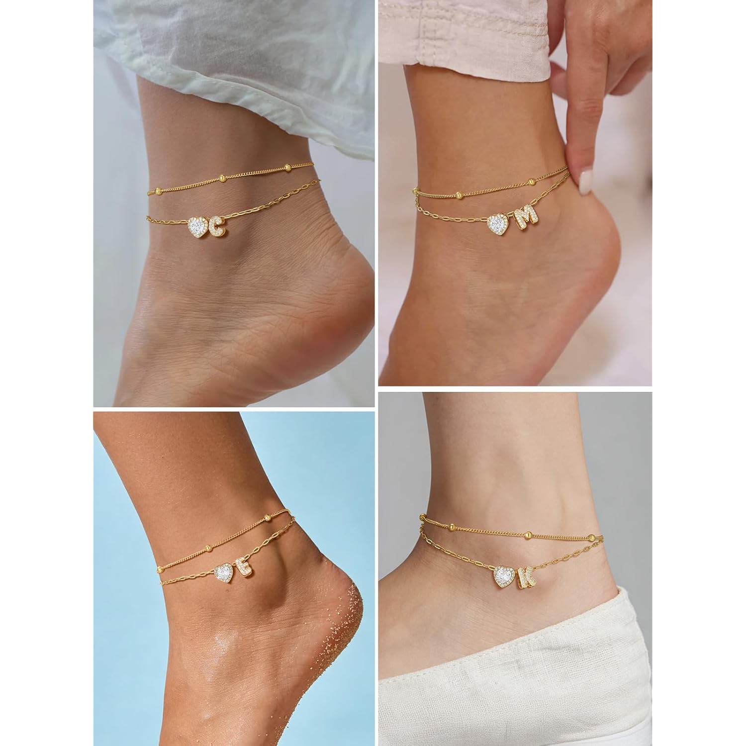 FindChic Initial Anklet for Women, Silver/Gold Plated Layered Beaded Ankle Bracelet with Cubic Zirconia Initial Charm, Adjustable Waterproof Non-Tarnish Foot Jewelry for Summer Beach