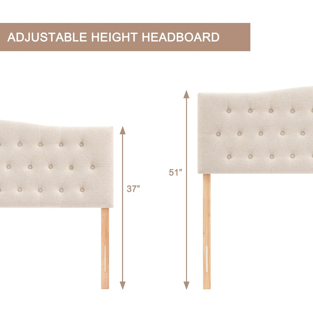 Tufted Upholstered Headboard Queen Size, Sturdy And Durable Solid Wood Bed Headboard, Fabric Headboard Adjustable Height From 37” To 51”, Modern Button Diamond Design Head Board, Beige