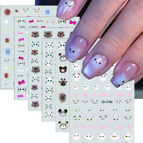 6 Sheets Cute Cat Nail Stickers Little White Pink Cats Nails Decals Fashion 3D Self-Adhesive Kawaii Bow Star Designs Nail Accessories Colorful Cat Paw Bow Love Heart Nail Decor for Women
