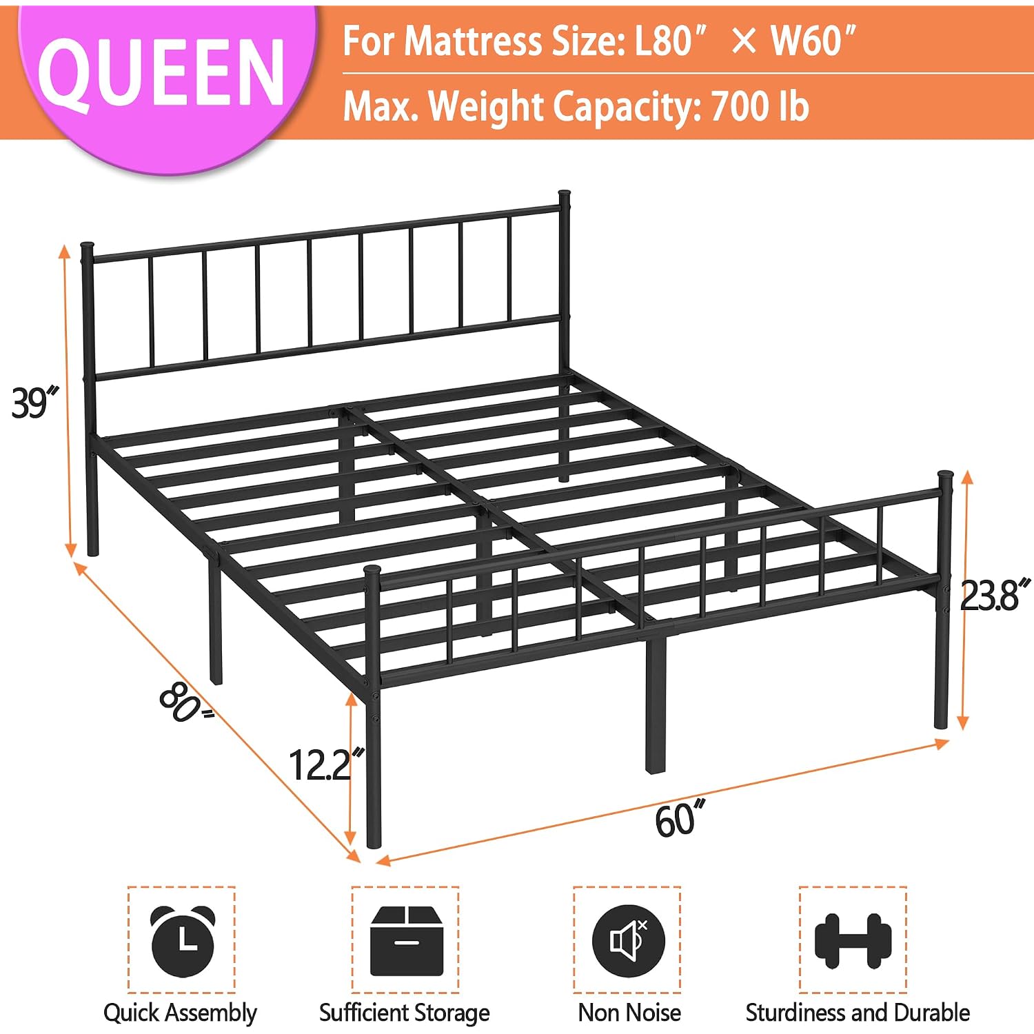 Queen Metal Bed Frame,Steel Slat Support,Noise Free,Easy Assembly
