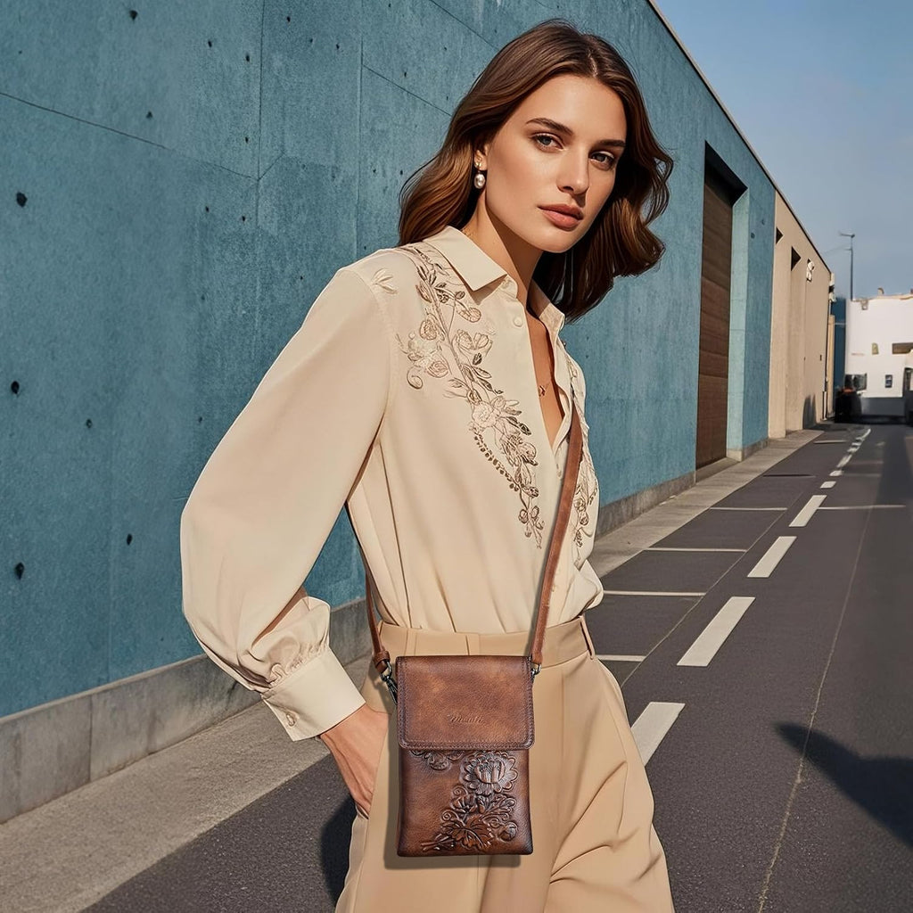 Small Crossbody Bags For Women Trendy Vegan Leather Cell Phone Bag Embossed Flower Design Wallet Purses With Strap
