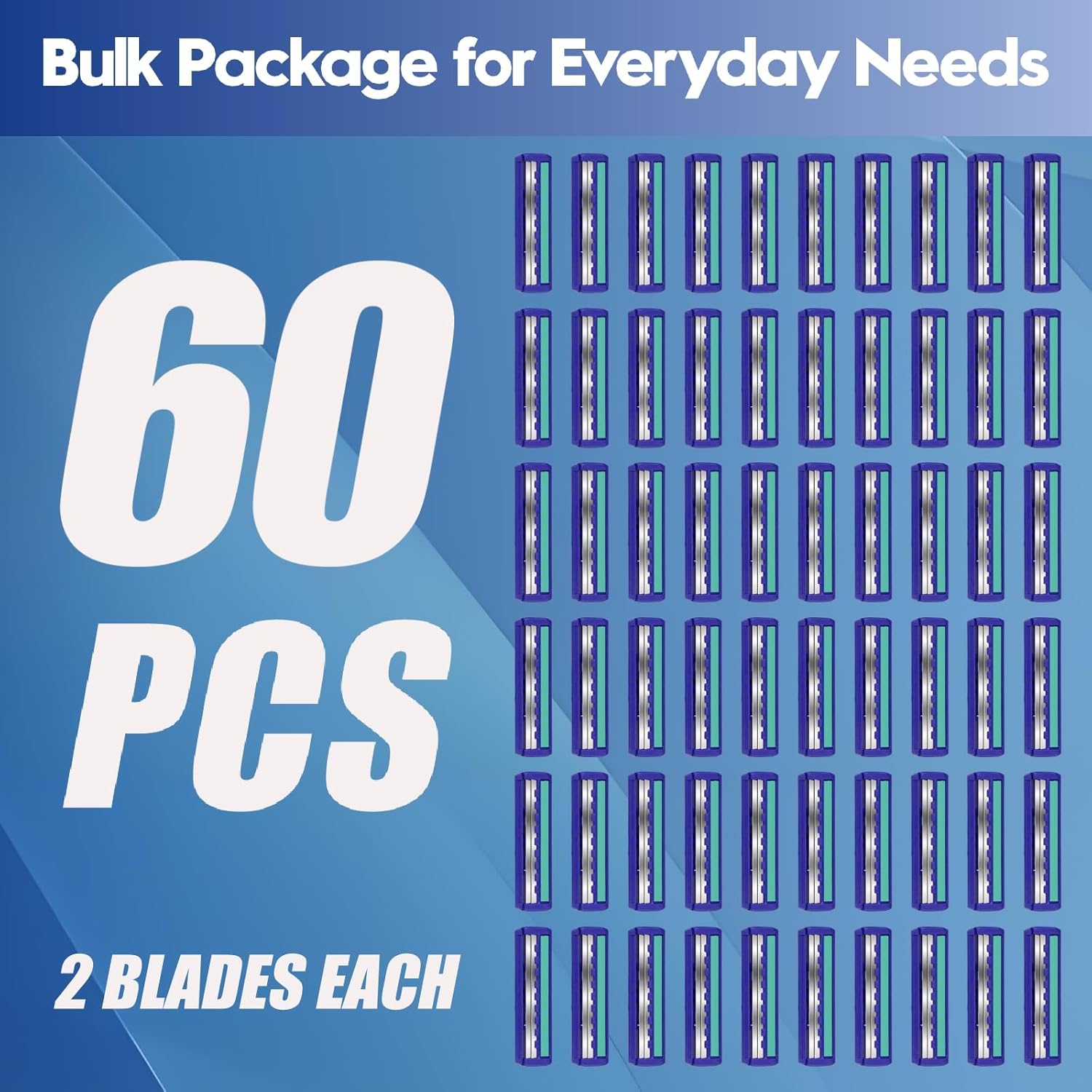 Twin Blade Disposable Razors for Men & Women – Bulk 60 Pack Stainless Steel Shavers with Lubricating Strip, Safety Cap & Non-Slip Handle for Sensitive Skin, Travel, Hotel, Charity – Blue