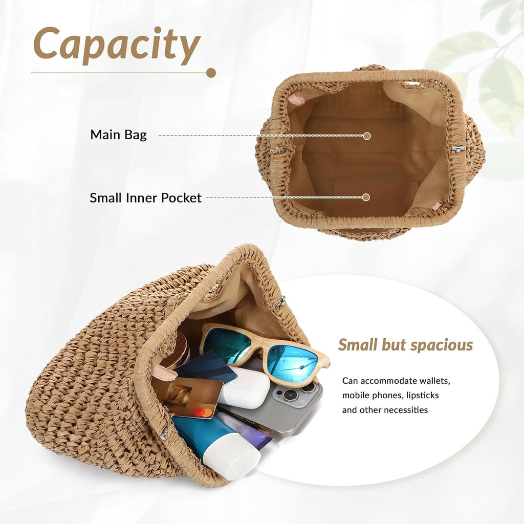 Straw Dumpling Clutch Bag, Summer Beach Bag, Woven Straw Tote Clutch Purse For Women, Vacation Evening Bags
