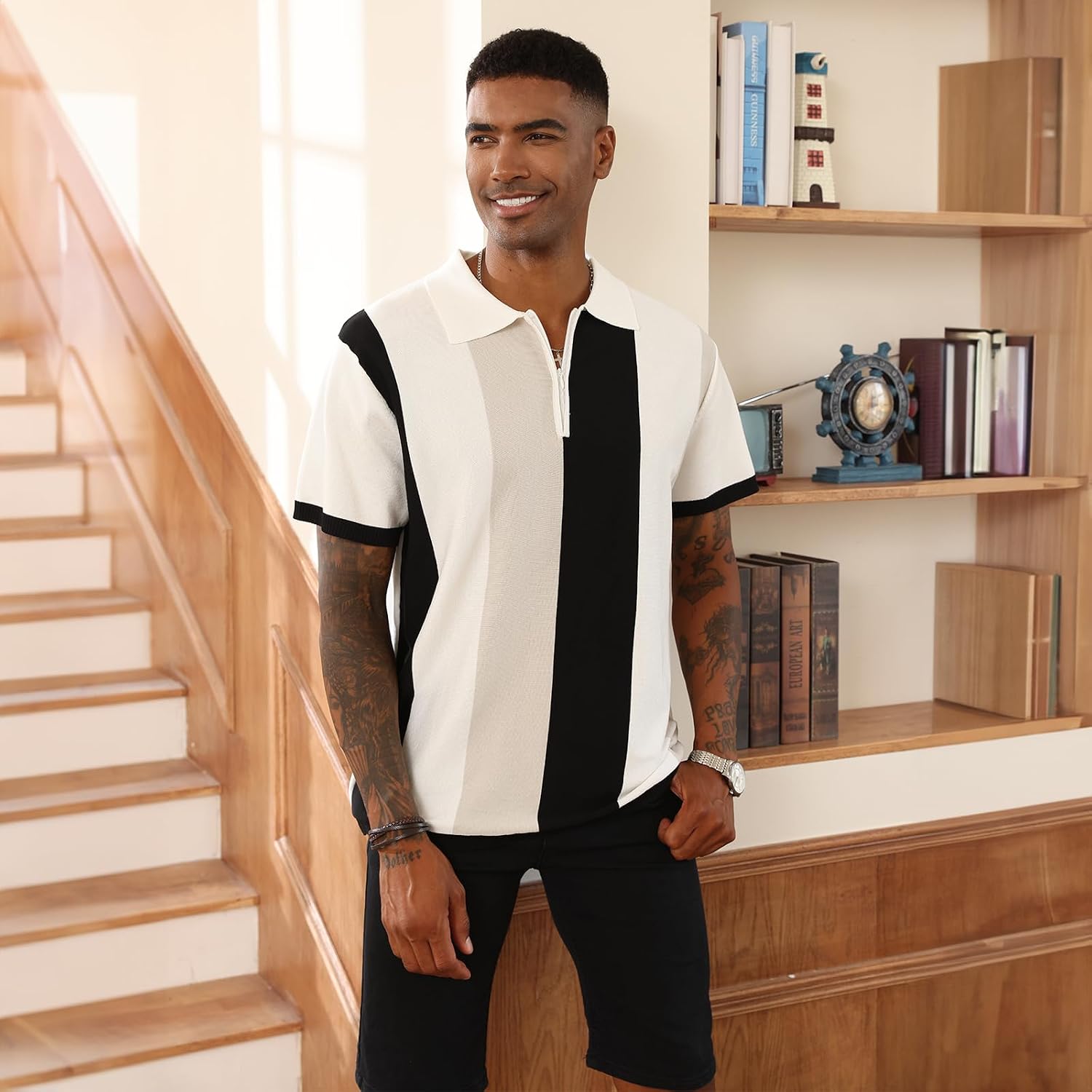 Men'S Fashion Polo Shirts Vintage Striped Knitting Shirts Casual Slim Fit Golf Shirts