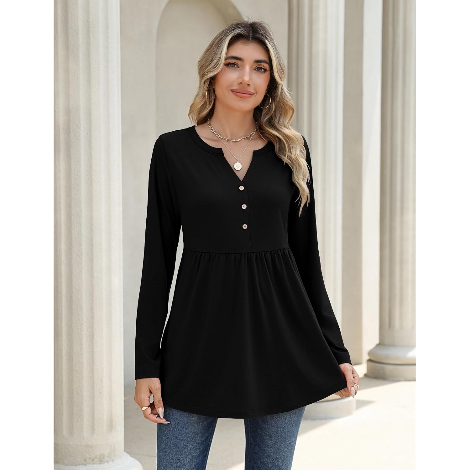 Zeagoo Women Blouses Long Sleeve Shirts Boho Henley V Neck Tops Business Casual Loose Pleated Fashion Clothing