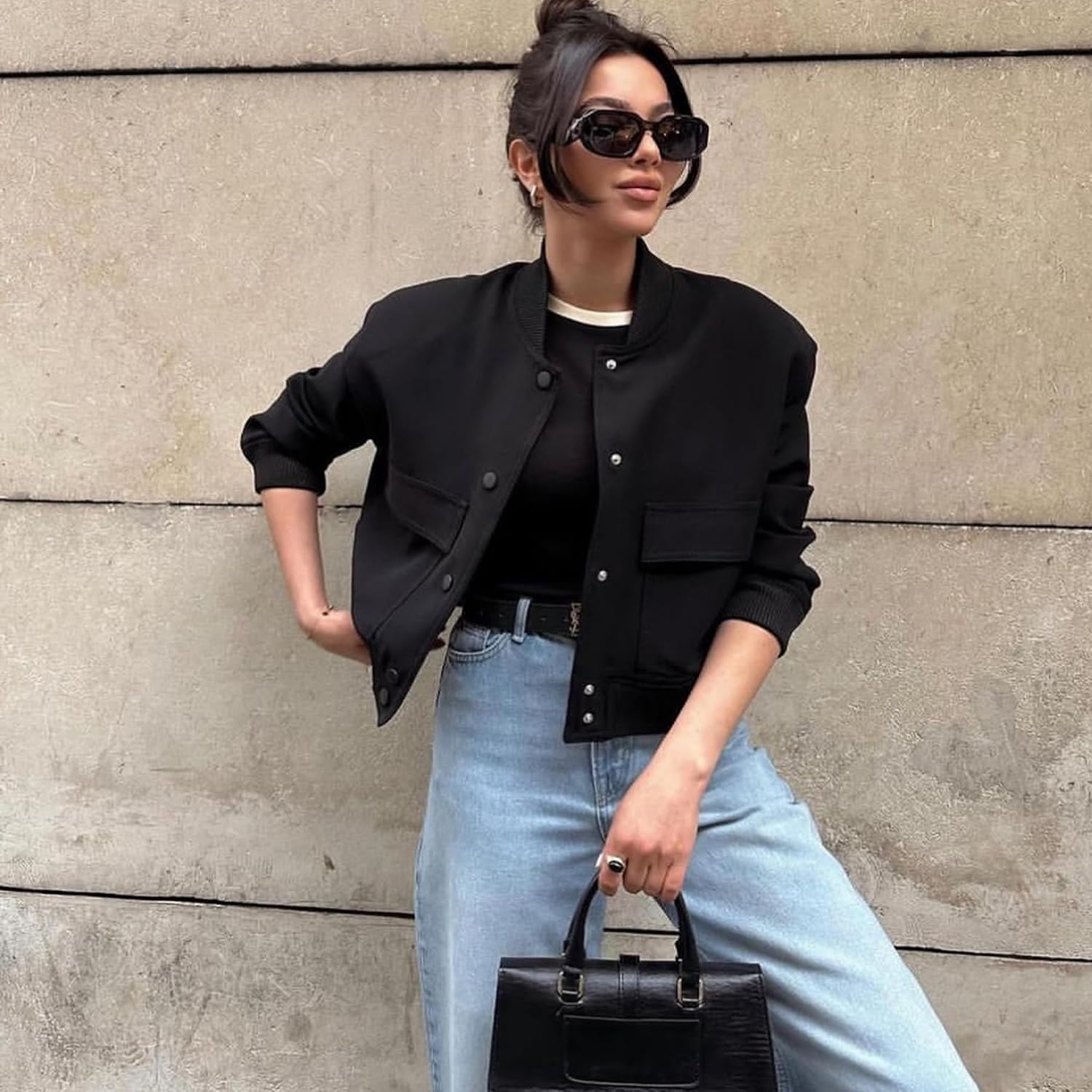 Zando Bomber Jacket Women 2026 - Short Cropped Jacket Women Button Down Long Sleeve Casual Varsity Jackets With Pockets