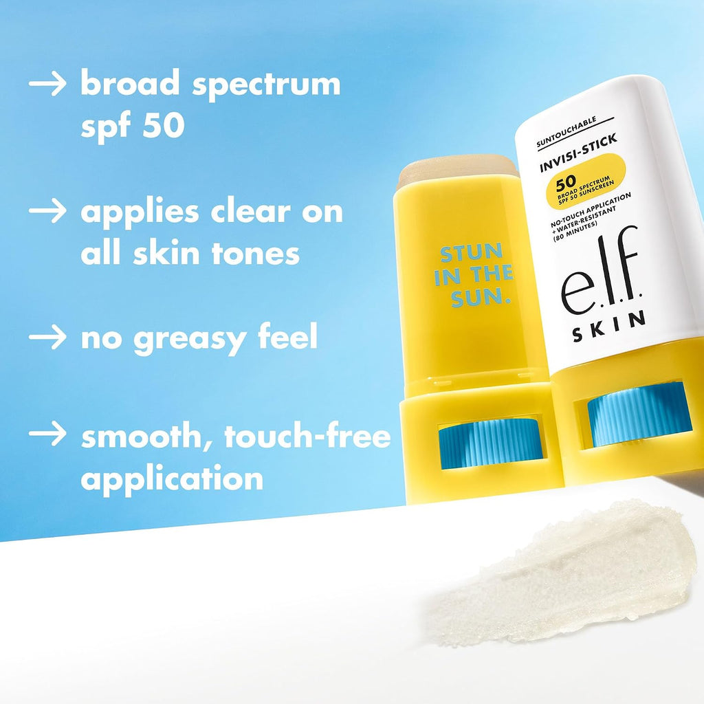 E.L.F. Skin Suntouchable Invisi-Stick Face Sunscreen Spf 50, Clear, Lightweight With Sunflower Seed Oil, Vegan & Cruelty-Free
