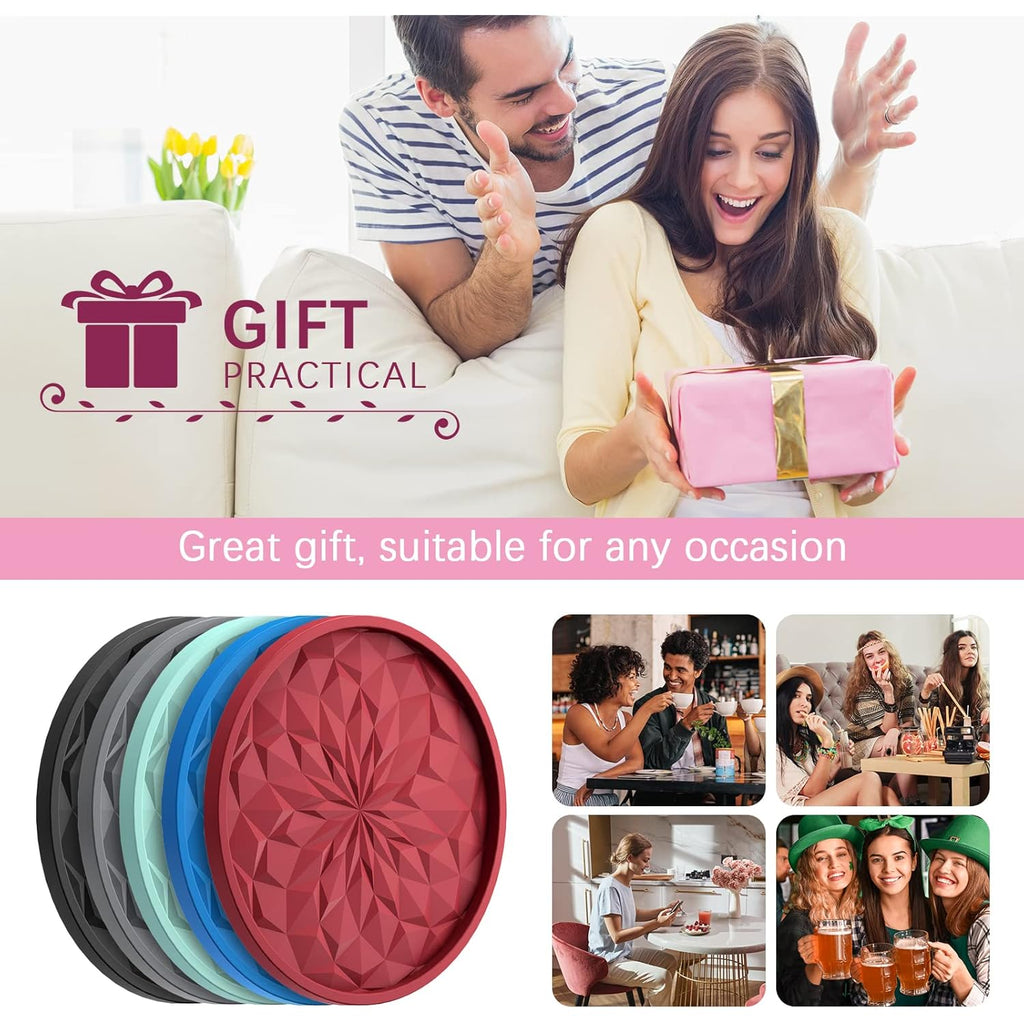 ME.FAN Silicone Coasters with Holder,[6 Pack] Drinking Coasters - Cup Mat for Hot or Cold Drinks, Thickened, Non-Slip, Non-Stick,Deep Tray Black