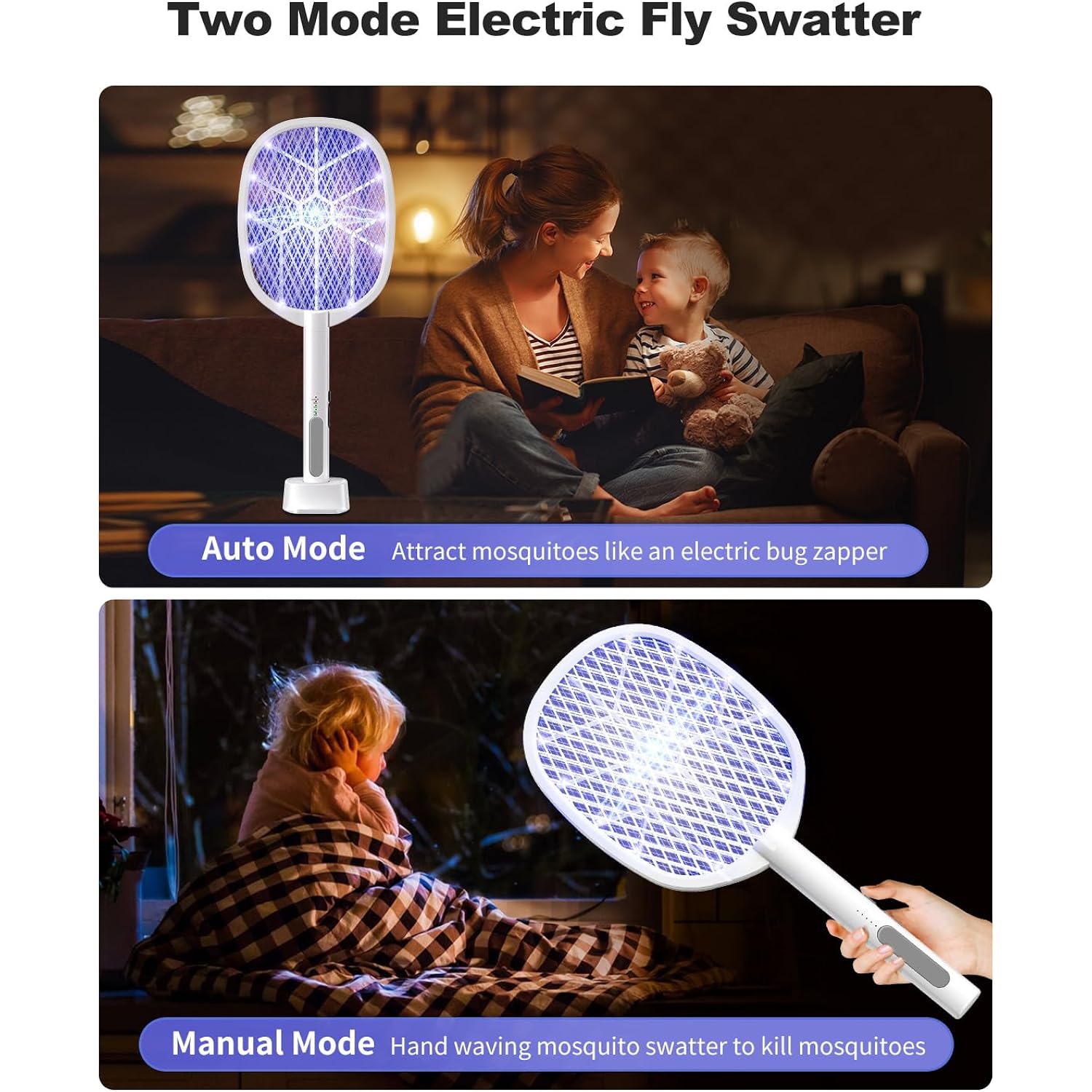 2Pack Electric Fly Swatter,4000V Bug Zapper Racket,2 In 1 Mosquito Zapper Racket With 1200Ml Battery Rechargeable Purple Mosquito Killer Lamp With 3 Layers Safety Net Suitable For Indoor And Outdoor