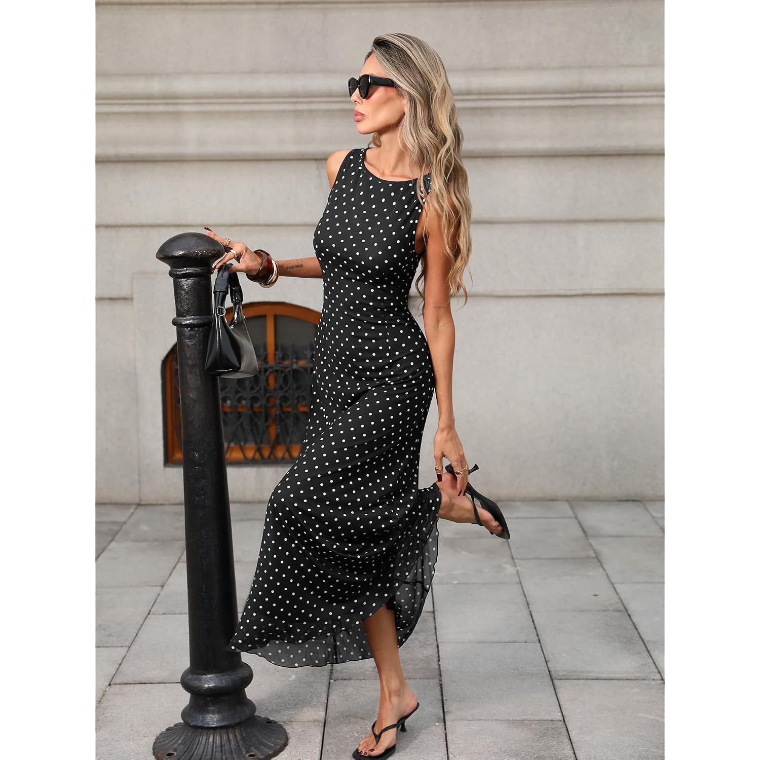 Elleven Women’S Polka Dot Maxi Tank Dress, Sleeveless Boat Neck Bodycon Slim Fit Elegant Long Dress