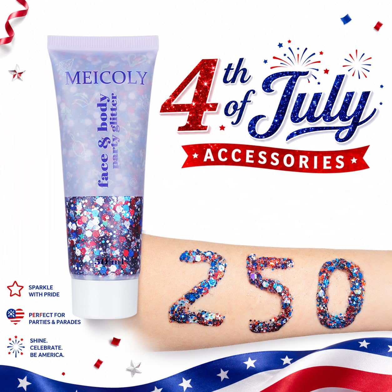 Red White and Blue Face Glitter,4th of July Star Hair Glitter for 2026 World Cup,4th of July Outfits for Women,Self-Adhesive Body Glitter for President's Day Veterans Day