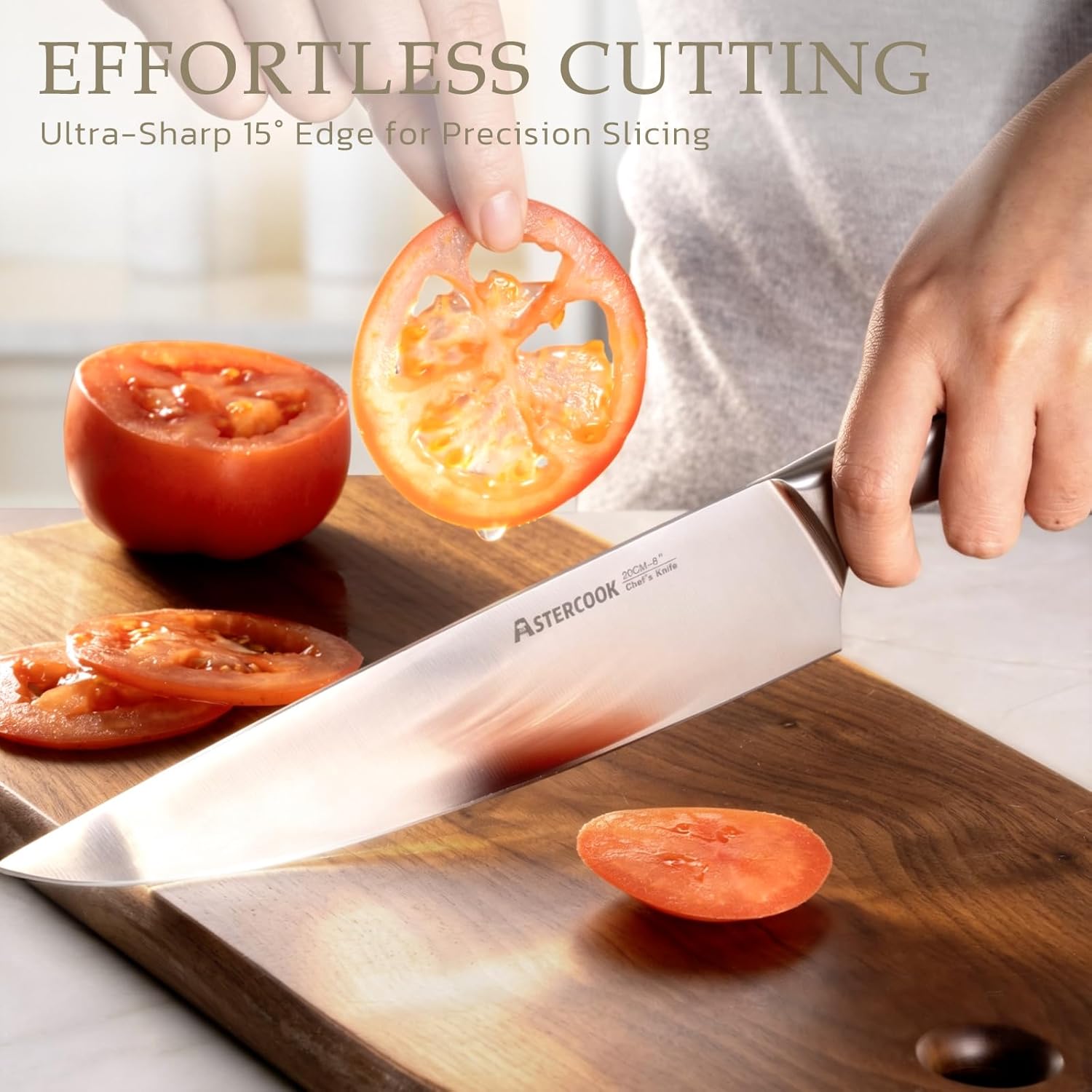 Astercook Knife Set, Kitchen Knives Set with Block and Sharpener Full Tang 15 Pcs Premium Stainless Steel Knives, Dishwasher Safe Knife Set with Anti-slip Ergonomic Handle, Walnut, Mothers Day Gifts