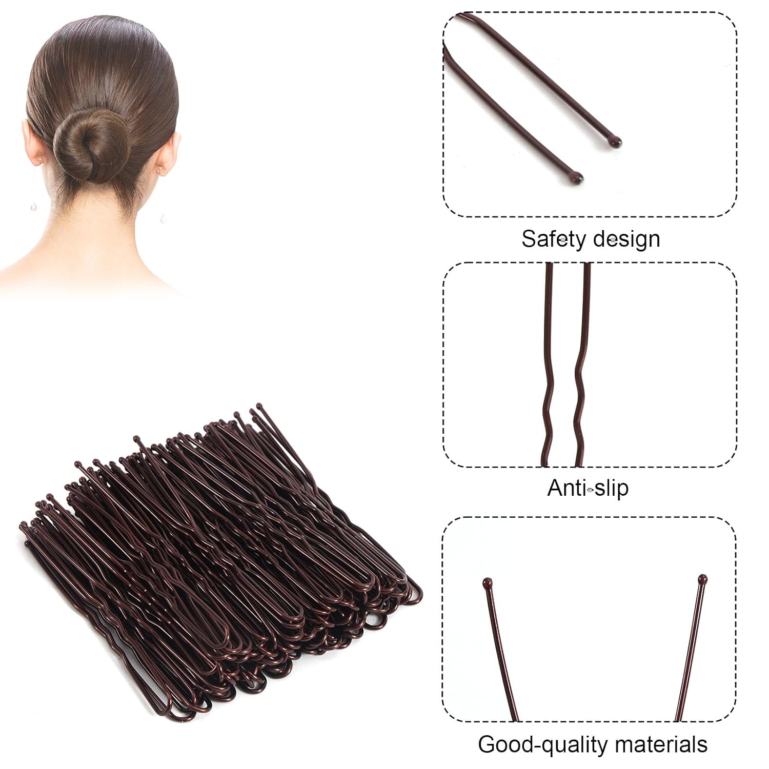 AIEX 200pcs U-Shaped Hair Pins, Durable U-Shaped Styling Clips Practical Hair Accessories Suitable for Women Daily Wearing Wedding and Dance Party (Brown, 5cm/2in+6cm/2.4in)