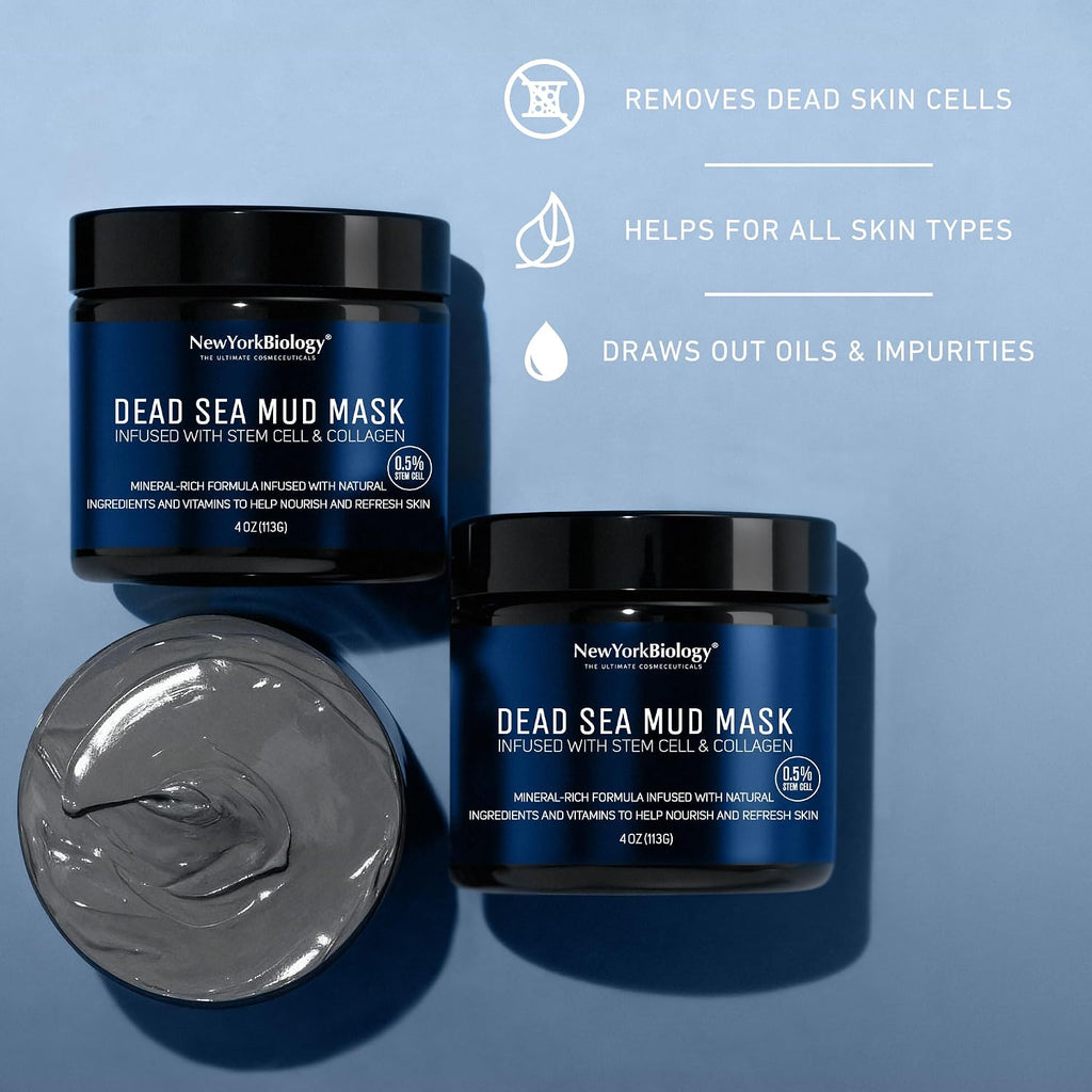 New York Biology Dead Sea Mud Mask For Face, Body | With Stem Cell And Collagen | Spa Quality Pore Refiner For Oily Skin | Natural Skincare For Women, Men | Tighten Skin | 4 Oz