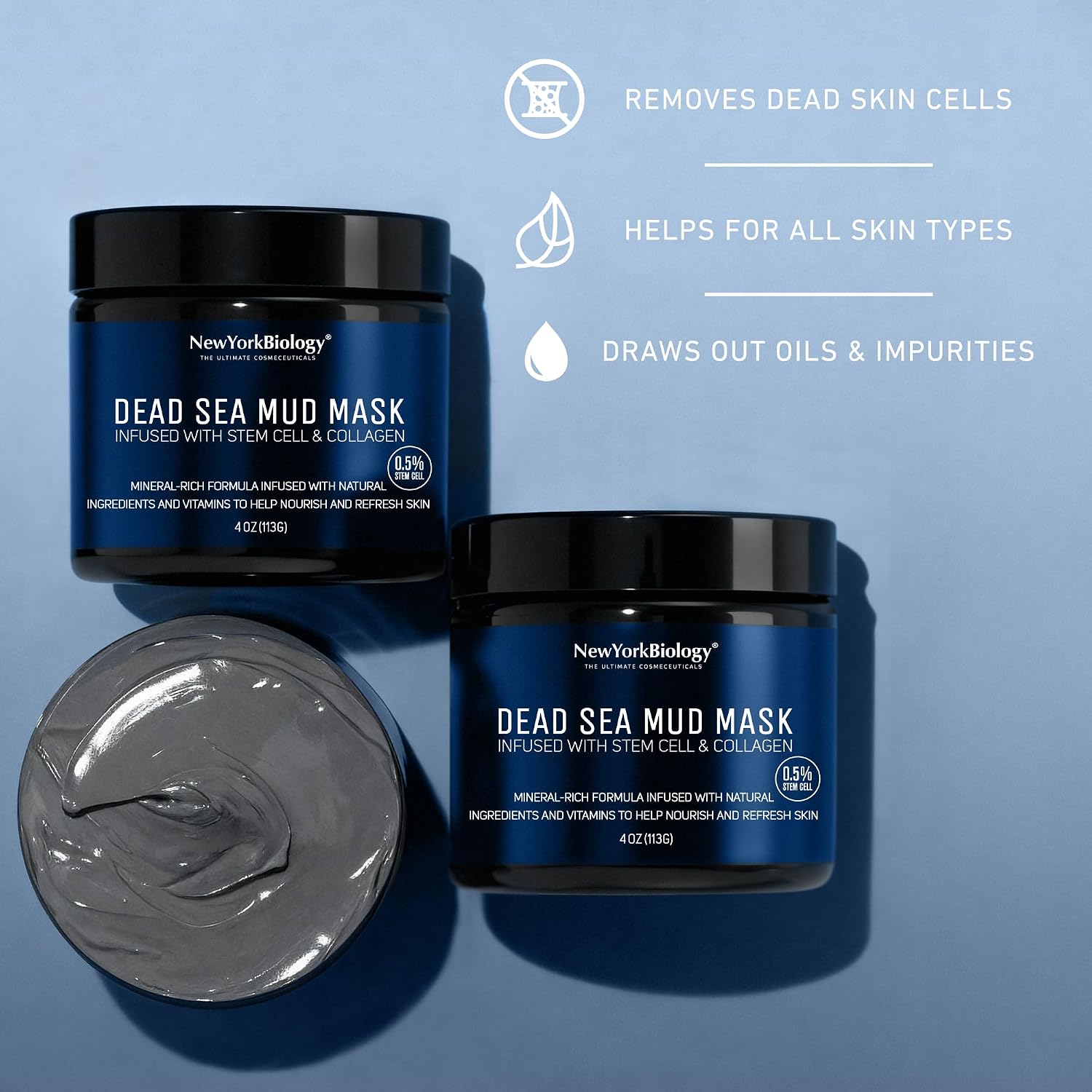 New York Biology Dead Sea Mud Mask For Face, Body | With Stem Cell And Collagen | Spa Quality Pore Refiner For Oily Skin | Natural Skincare For Women, Men | Tighten Skin | 4 Oz