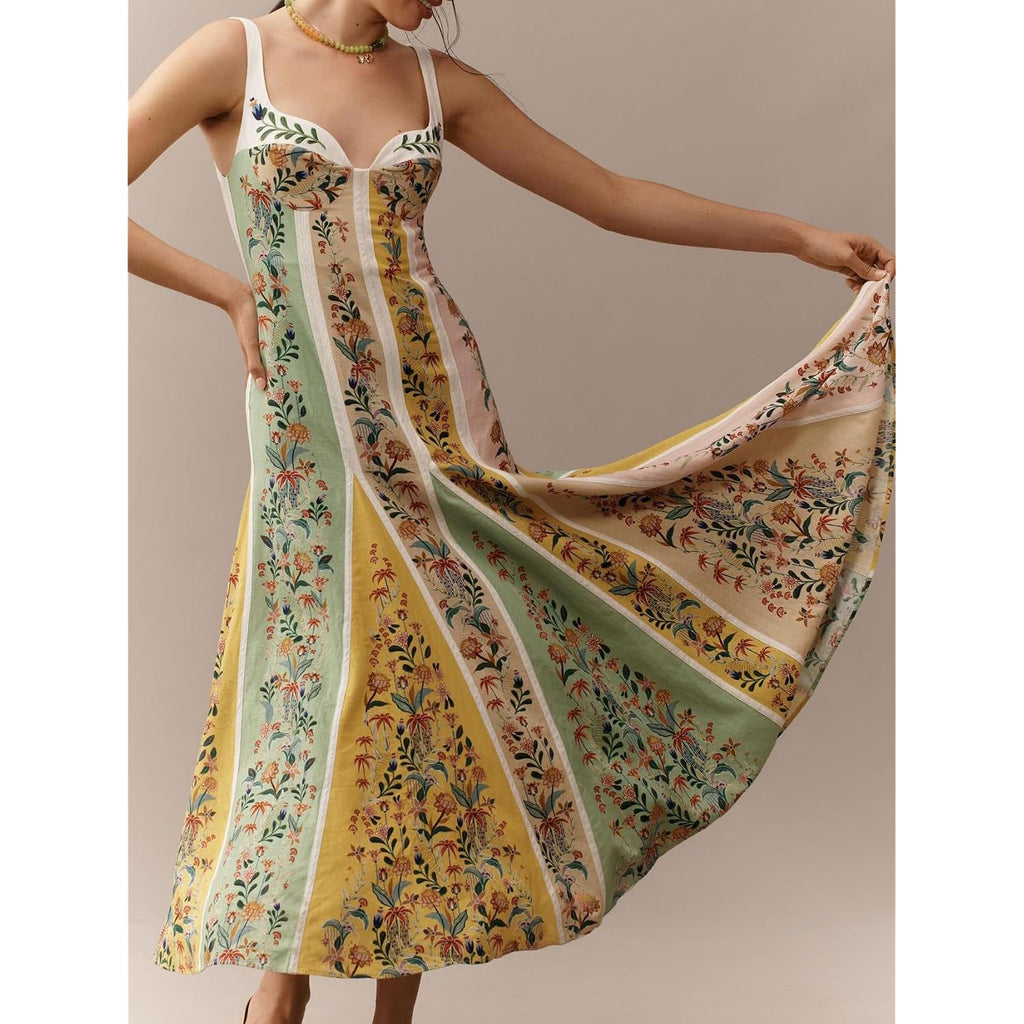 Women'S Boho Print Dress Sleeveless Backless Halter High Waist A Line Vacation Beach Long Dress